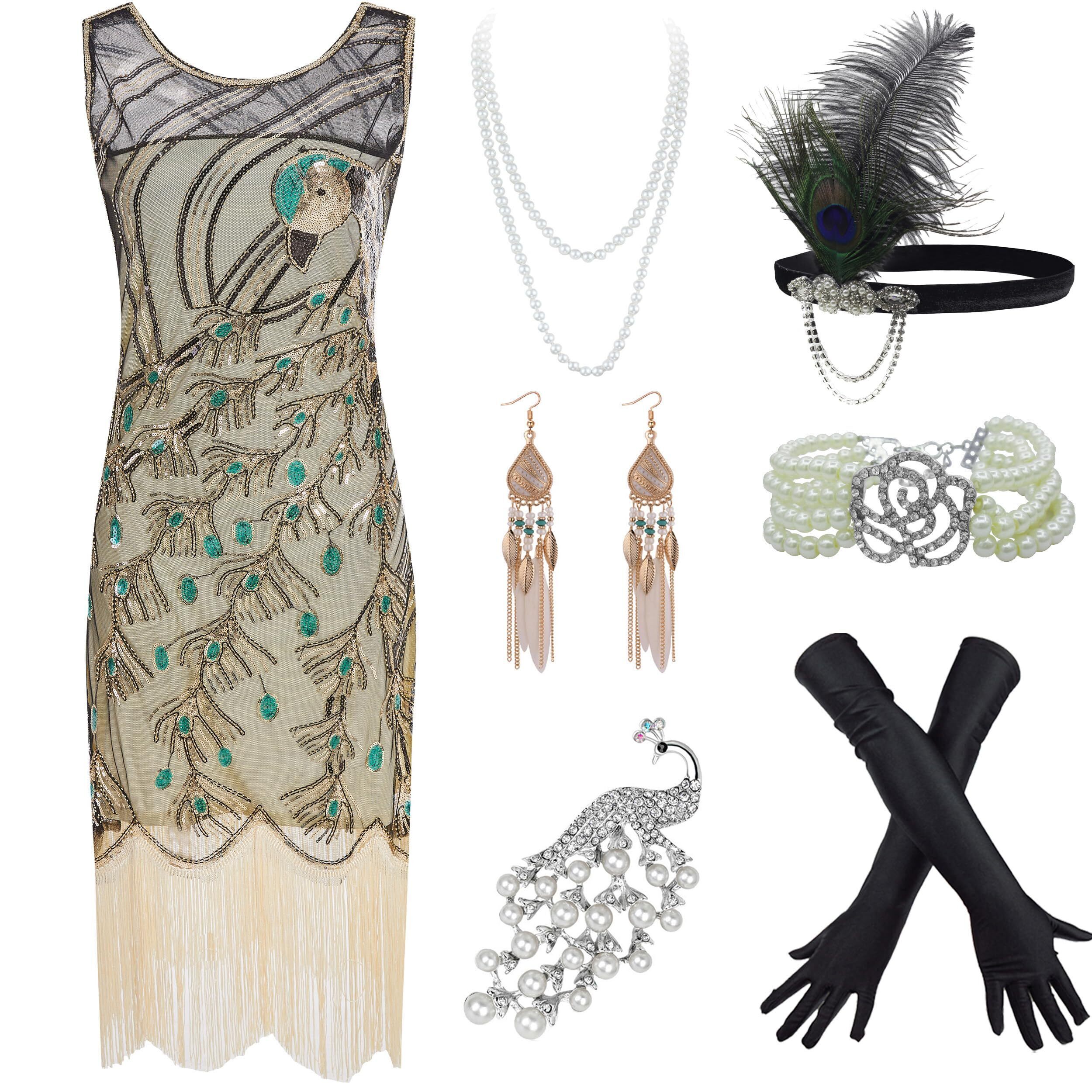 9535 1920s Vintage Peacock Sequin Fringed Party Flapper Dress W